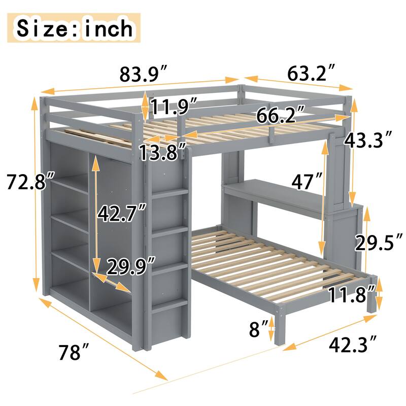Solid Wood Bunk Bed with Built In Desk, Shelves and Wardrobe, Can be Converted into Loft Bed and Platform Bed