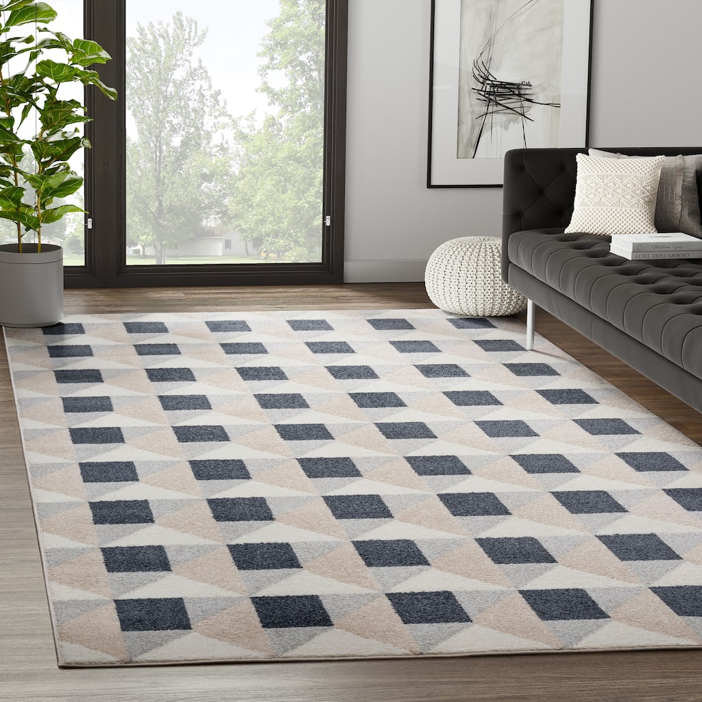 Abani Rugs Nuevo NUE100A Square Grid Pattern Cream Black Area Rug