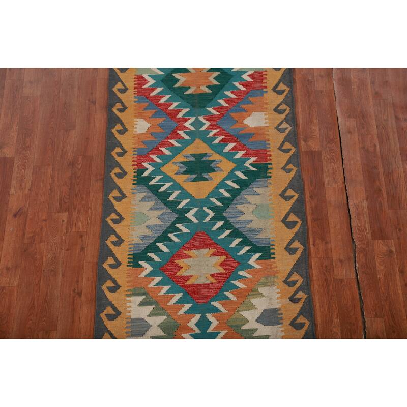 Hand Woven Oriental 100% Wool Carpet Southwestern Geometric Multi-Colored Kilim Runner Rug - 12' 8'' X 2' 9''