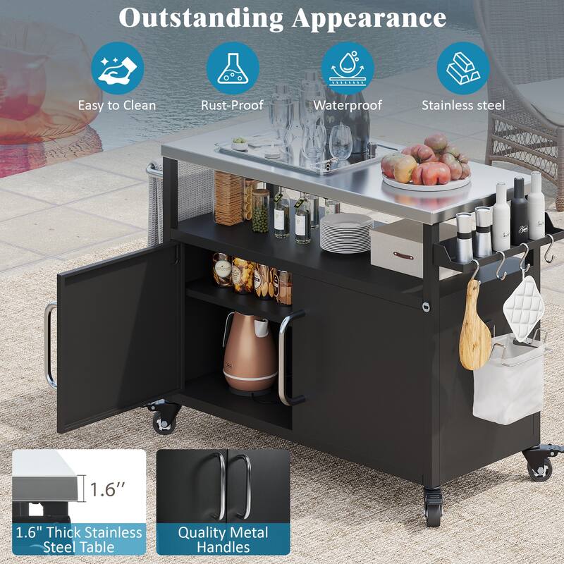 Metal Kitchen Island with Stainless Steel Tabletop, Rolling Spice Storage Cabinet w/Towel Rack and 4 Lockable Wheels for Kitchen