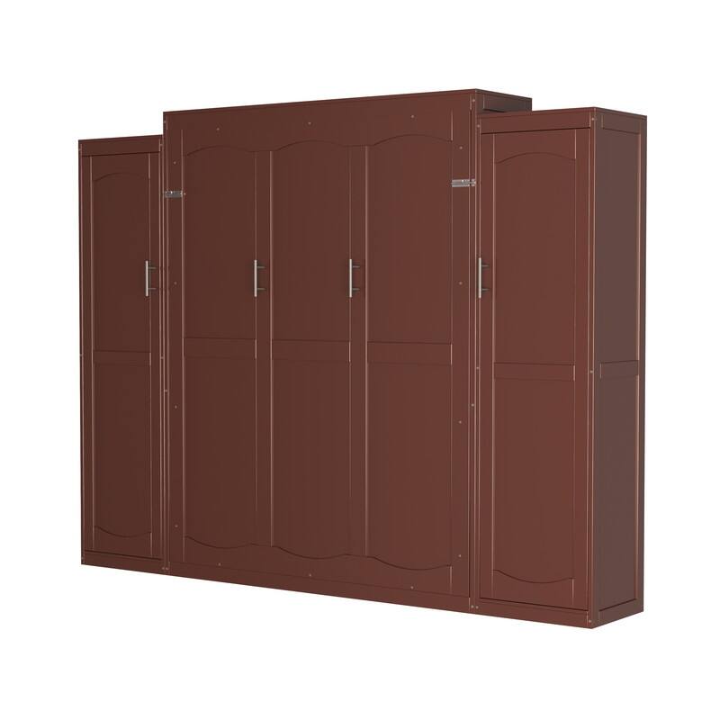 Full Size and Queen Size Murphy Bed, Wooden Queen Wall Bed with 2 Wardrobe and Storage Shelf