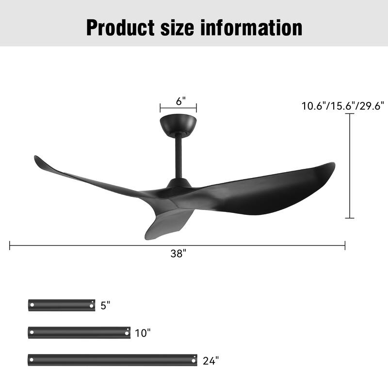 38-Inch Black Ceiling Fan Without Light,3 ABS Blades&Powerful DC Motor,1/4/8H Timer Function