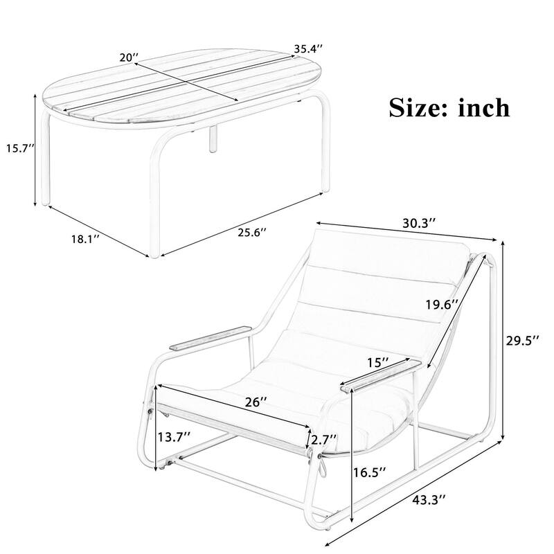 Set of 3 Patio Chaise Lounge Chair with Acacia Side Table