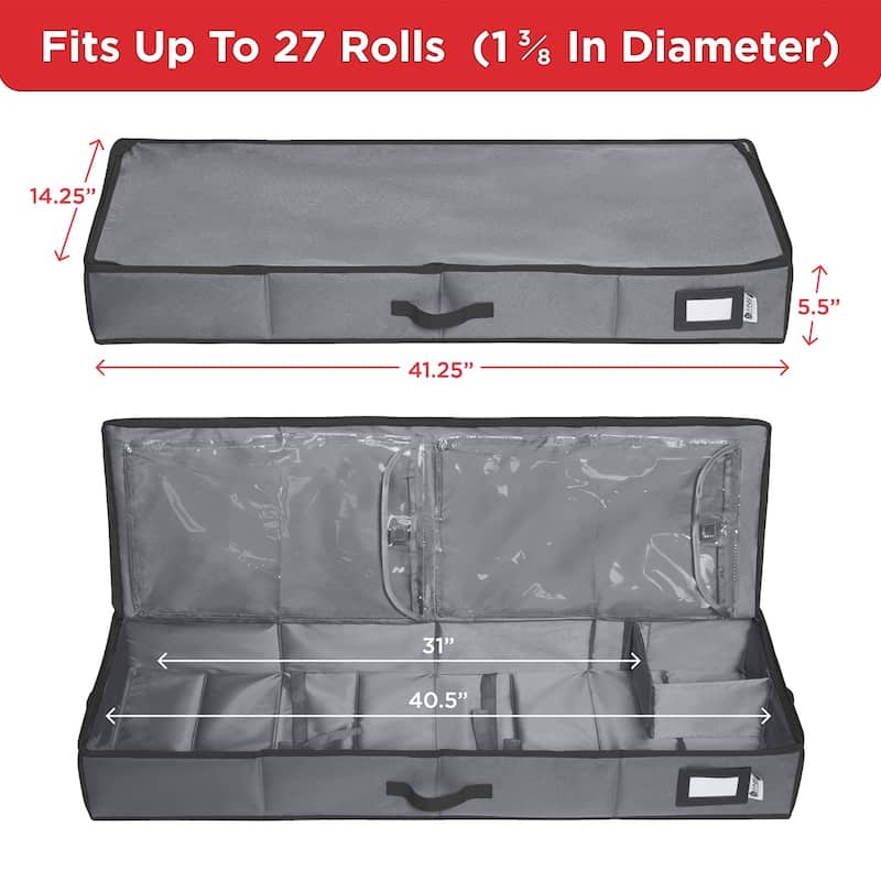 HOLDN' STORAGE Wrapping Paper Storage Container, Fits 27 Rolls Gift Wrap, Extra Pockets for Ribbons & Bows, Underbed Storage