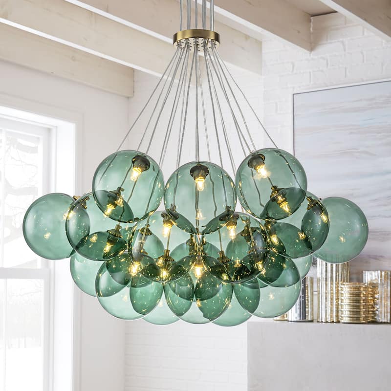 19-Light Modern Glam Cluster, Green Glass Globe Bubble Chandelier for Dining Room and Living Room
