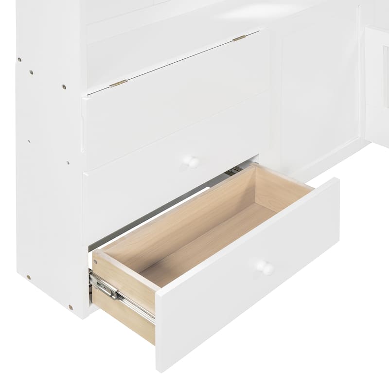 Roomfitters Twin/Full Size House Bed with Shelves, USB Port, Window Design and Side Compartments, White