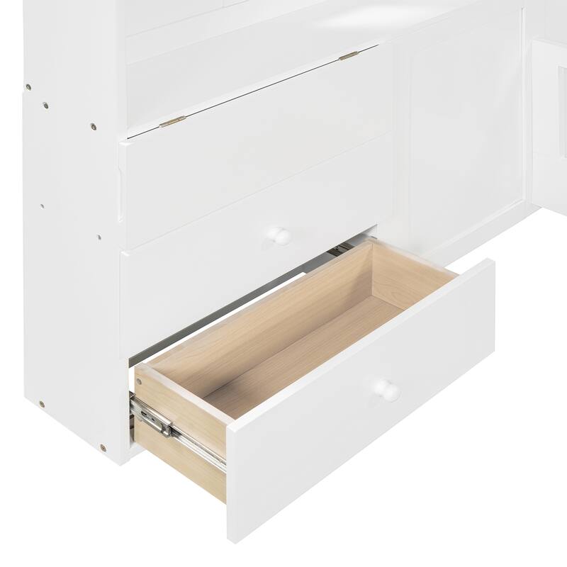 Wooden Floor Platform Bed with House Shape Storage Wingback Headboard, House Bed with USB, Window and Bedside Drawers