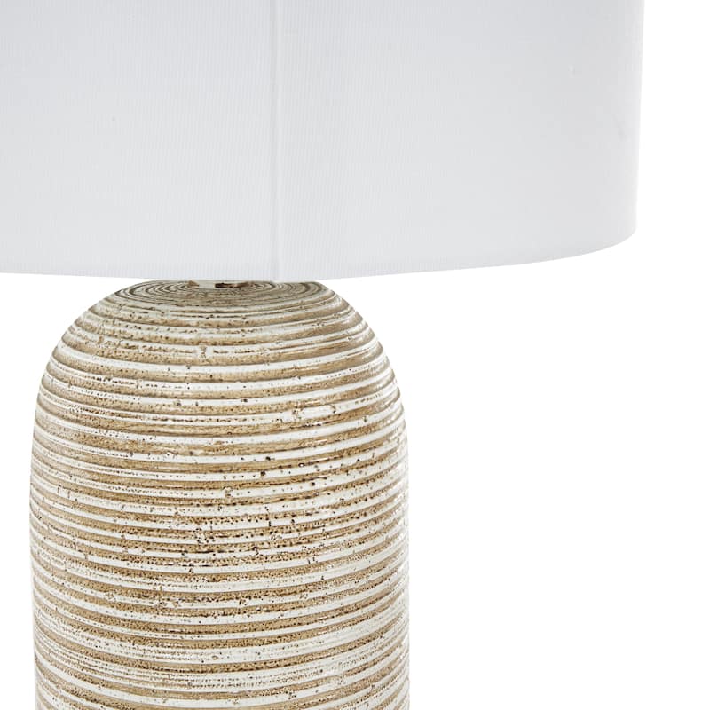 Brown Wood Room Table Lamp with White Drum Shade
