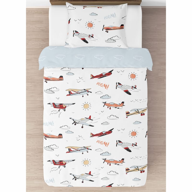 Vintage Airplane Boy 2pc Twin Comforter Set - Grey Yellow Orange Red White Blue Airplanes Air Plane Transportation Clouds Sky