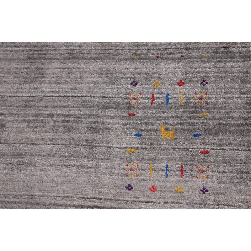 Gray & Green Striped Gabbeh Oriental Area Rug Handmade Silk Carpet - 5'2" x 7'10"