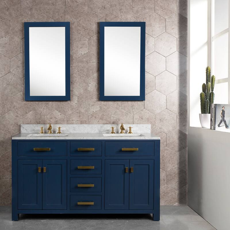 Madison 60-inch Blue Double Sink Carrara White Marble Vanity - Assembly Required - Vanity with F2-0013-06-FX Faucet