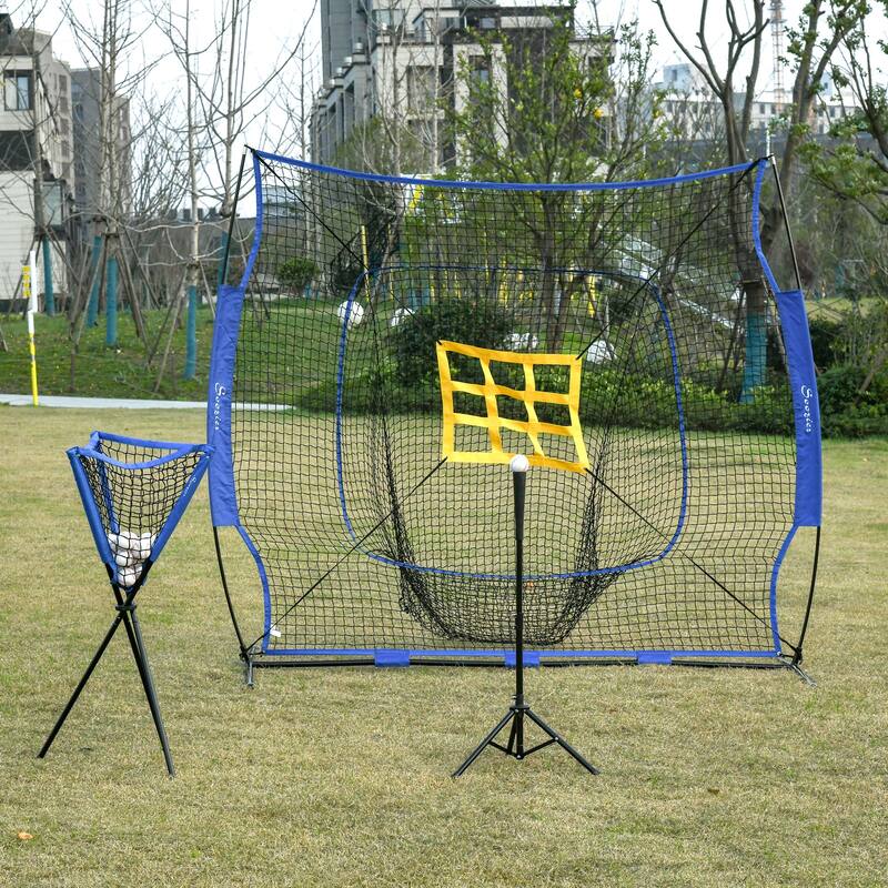 Soozier 7.5'x7' Baseball Practice Net Set w/ Catcher Net, Tee Stand, 12 Baseballs for Pitching, Fielding, Practice Hitting - Blue/Black