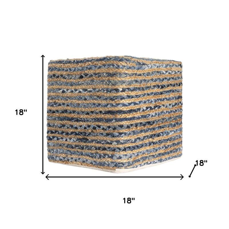 HomeRoots 18" Beige and Blue Cotton And Jute Striped Pouf Ottoman