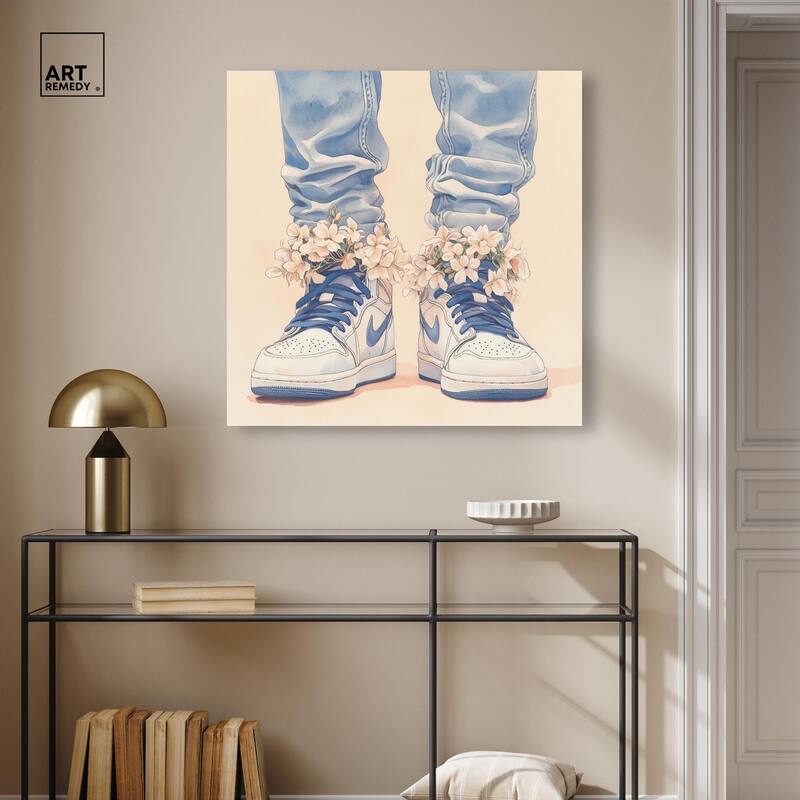 Gentle Blue Sneakers and Flowers Canvas by Art Remedy, Gallery Wrapped