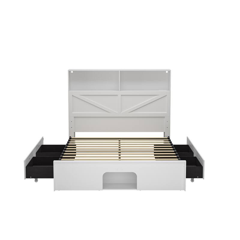 Modern Platform Bed: Sturdy Metal Frame,Barn Door Headboard with Lighting, Built - in Socket & Storage Space