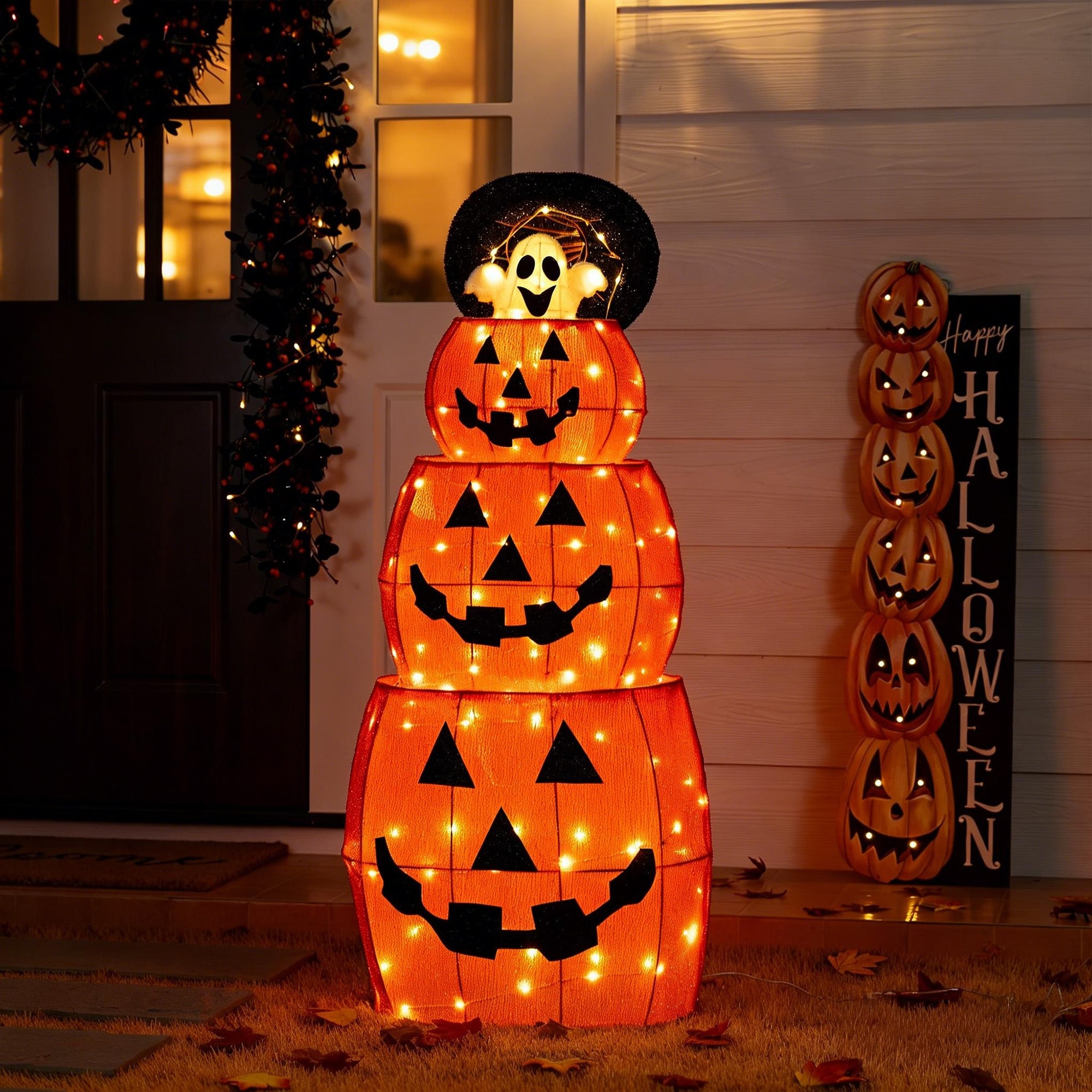 Glitzhome 4FT Lighted Halloween Stacked Pumpkins with Extendable Ghost Outdoor Decor (Two Functions)