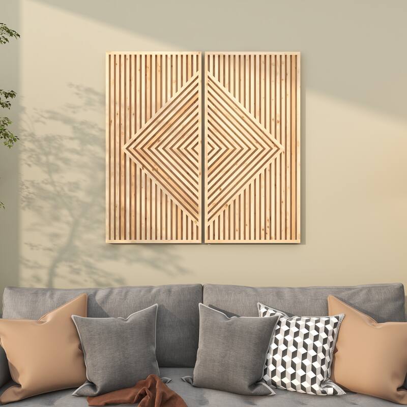 Brown Wood Carved Geometric Home Wall Decor (Set of 2)