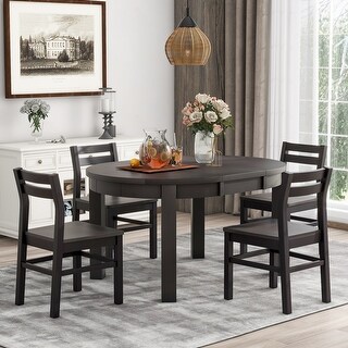 Round 5-Piece Wood Extendable Dining Table Set with Storage Drawer ...
