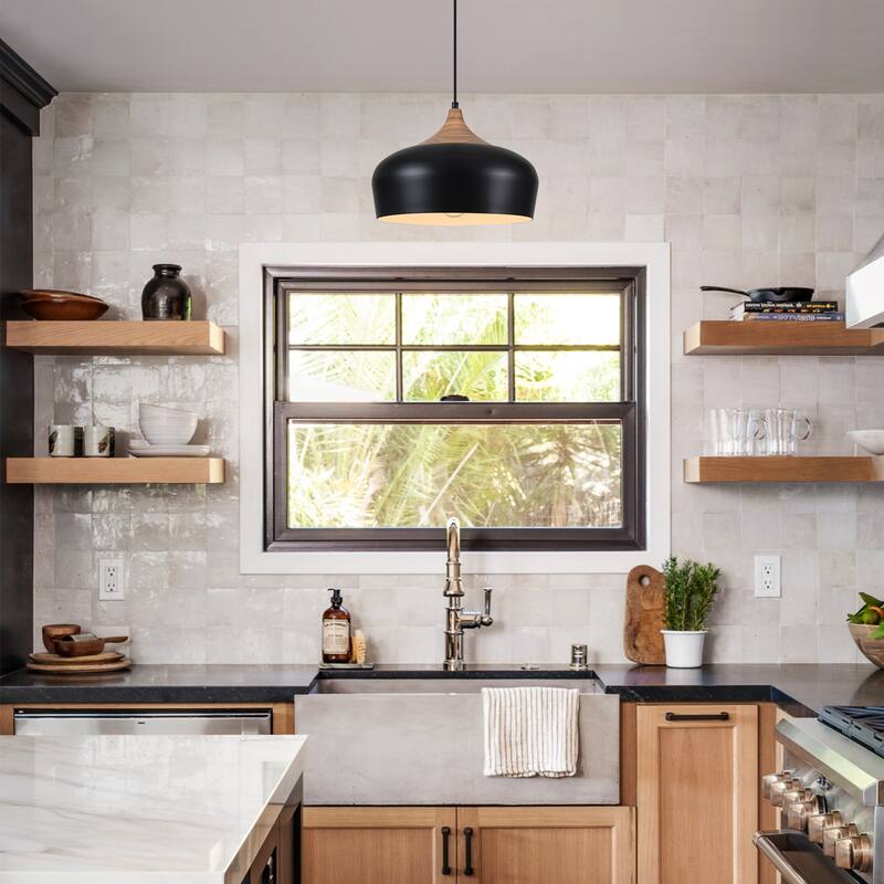 Farmhouse Matte Black Dome Pendat Light with Wood - 13.8 - 13.8