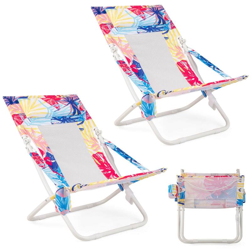 Costway Folding Low Beach Chair, Set of 2 with Padded Head Pillow, - Pink