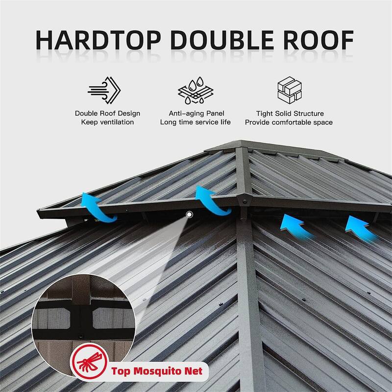 Outdoor Hardtop Gazebo Cedar Wood Frame Galvanized Steel Double Roof with Curtains and Netting