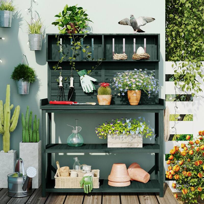 65" Large Wooden Farmhouse Rustic Outdoor Potting Bench Table, Patio Workstation with 4 Storage Shelves and Side Hook