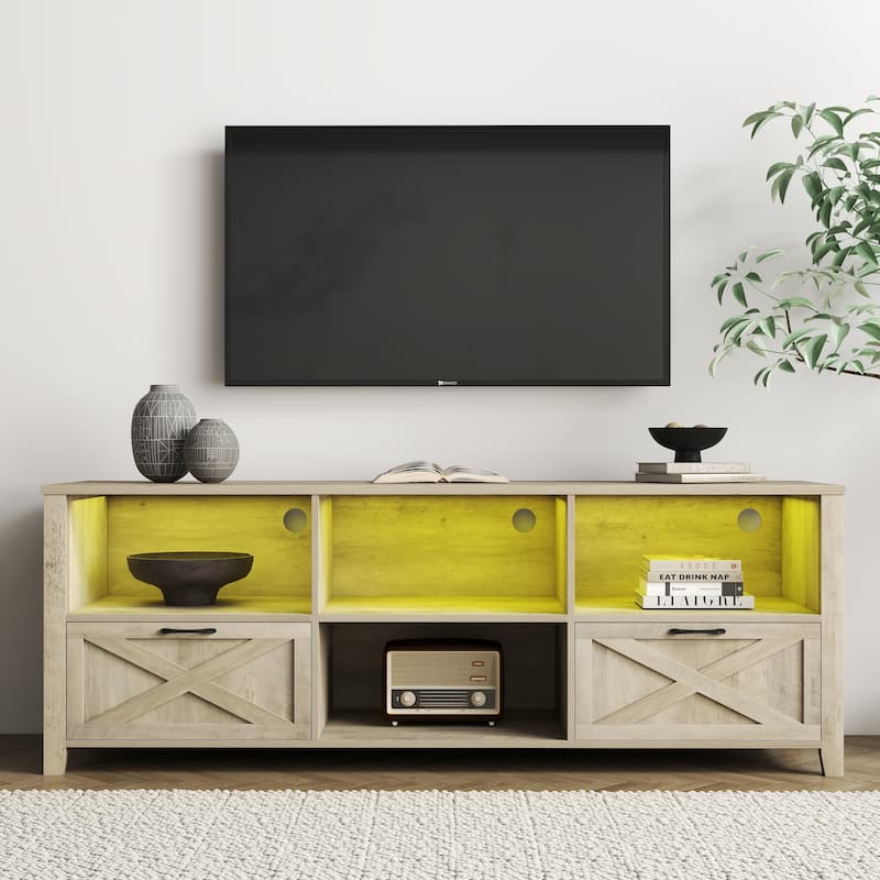 Moasis 70"/59" Farmhouse TV Stand for 80"/65" TV with Outlet and Lights - 70" Drawer - Gray Wood 