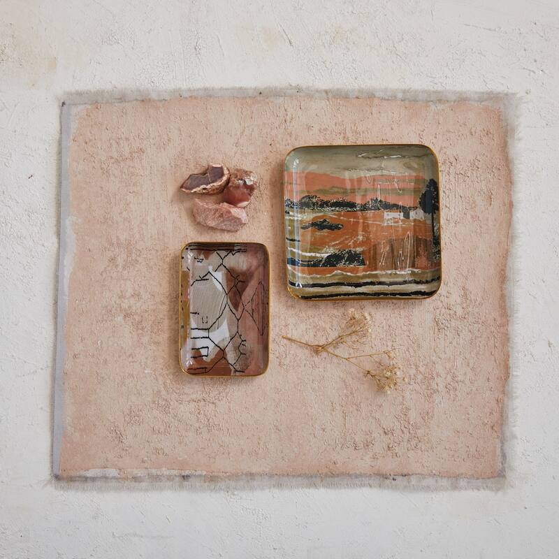 Abstract Enameled Metal Trays - Brown