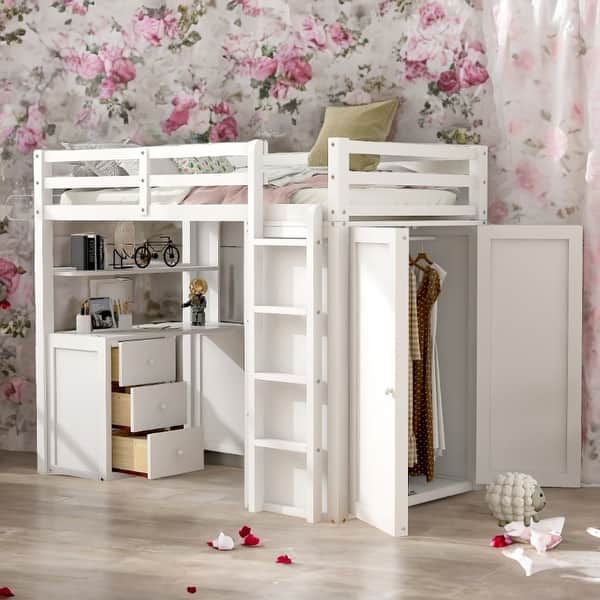 slide 2 of 18, Muti-functional Twin size Loft Bed with Drawers,Desk,and Wardrobe,Solid Construction White