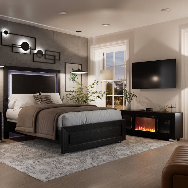Furniture of America Alaric Modern Black Solid Wood 2-Piece Queen Bedroom Set with 60-inch Fireplace TV Stand - Black