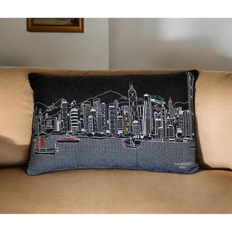 14" X 24" Black Gray and White Hometown Pride Wool Lumbar Throw Pillow - Black Gray and White