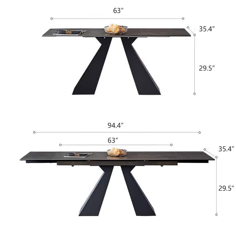 63"-95" Extendable Modern Dining Table, Matte Sintered Stone Table Top, Modern Kitchen Table for 6-10 - 94.5" x 35.4"