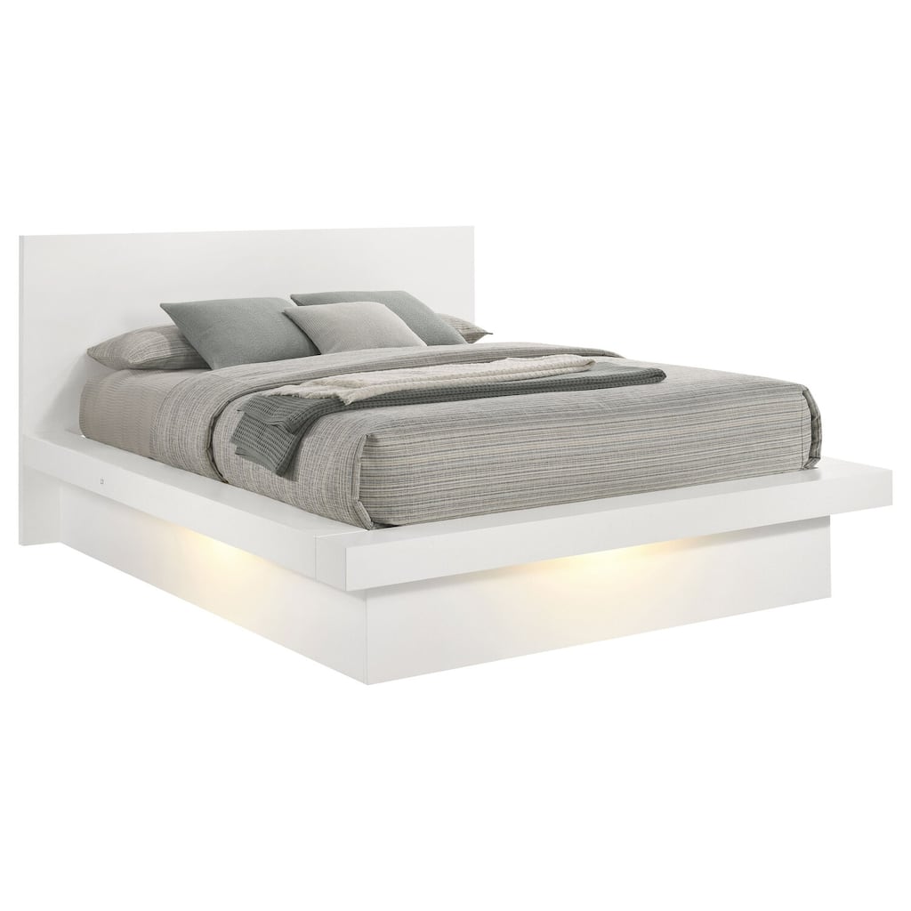 Queen Platform Bed with Rail Seating and Built-In Lights in White Wood Veneer for Modern Bedrooms