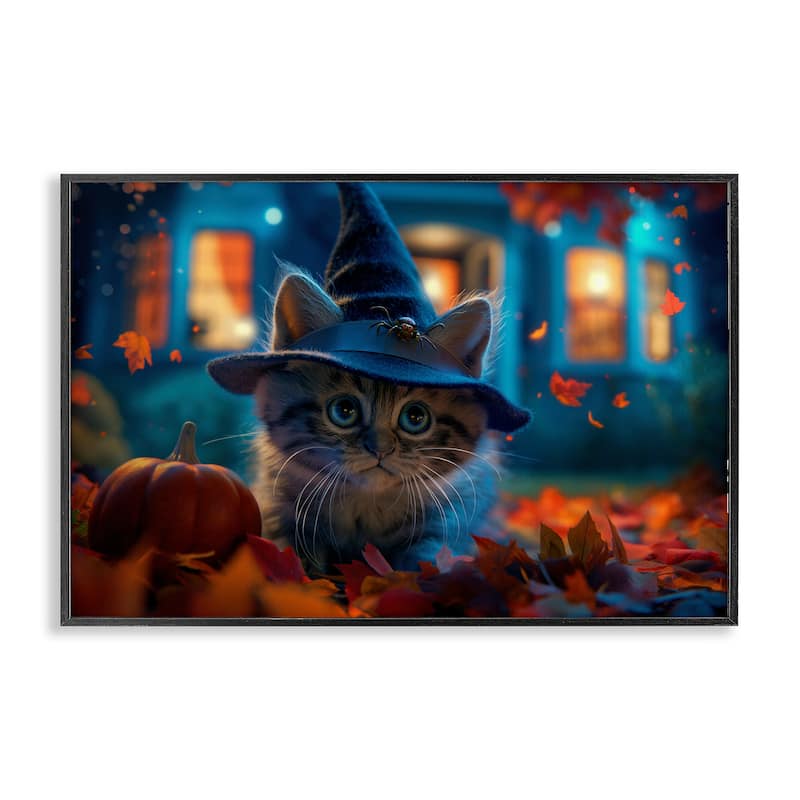 Stupell Halloween Witch Kitten & Pumpkin Framed Giclee Art Design By Wumples - 18 x 12 - Black