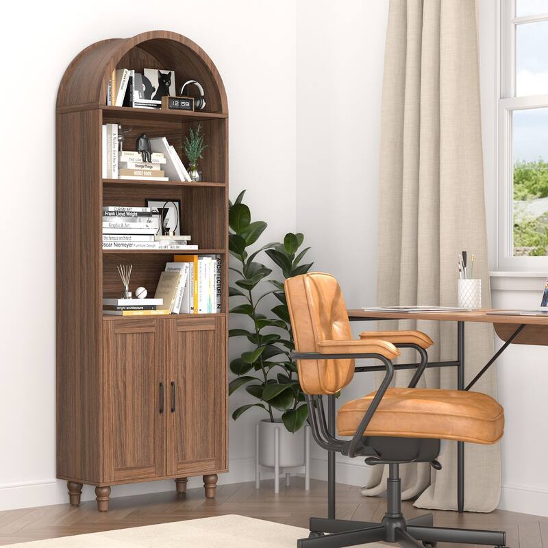 70" 6-Tier Arch Bookcase with Adjustable Shelves, Walnut Storage Cabinet for Living Room & Bedroom