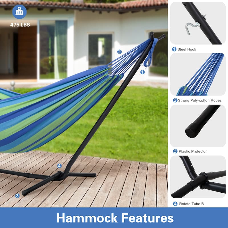 10.7 ft. 2-Person Brazilian-Style hammock with 2-in-1 Convertible Stand
