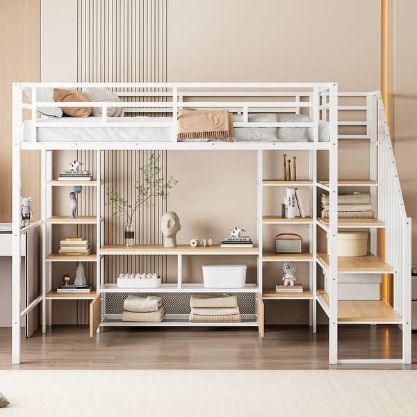 slide 2 of 28, Full-Size Metal Loft Bed with Staircase, Built-In Low Storage Desk, and Multi-Tier Shelving for Space-Saving Versatility White
