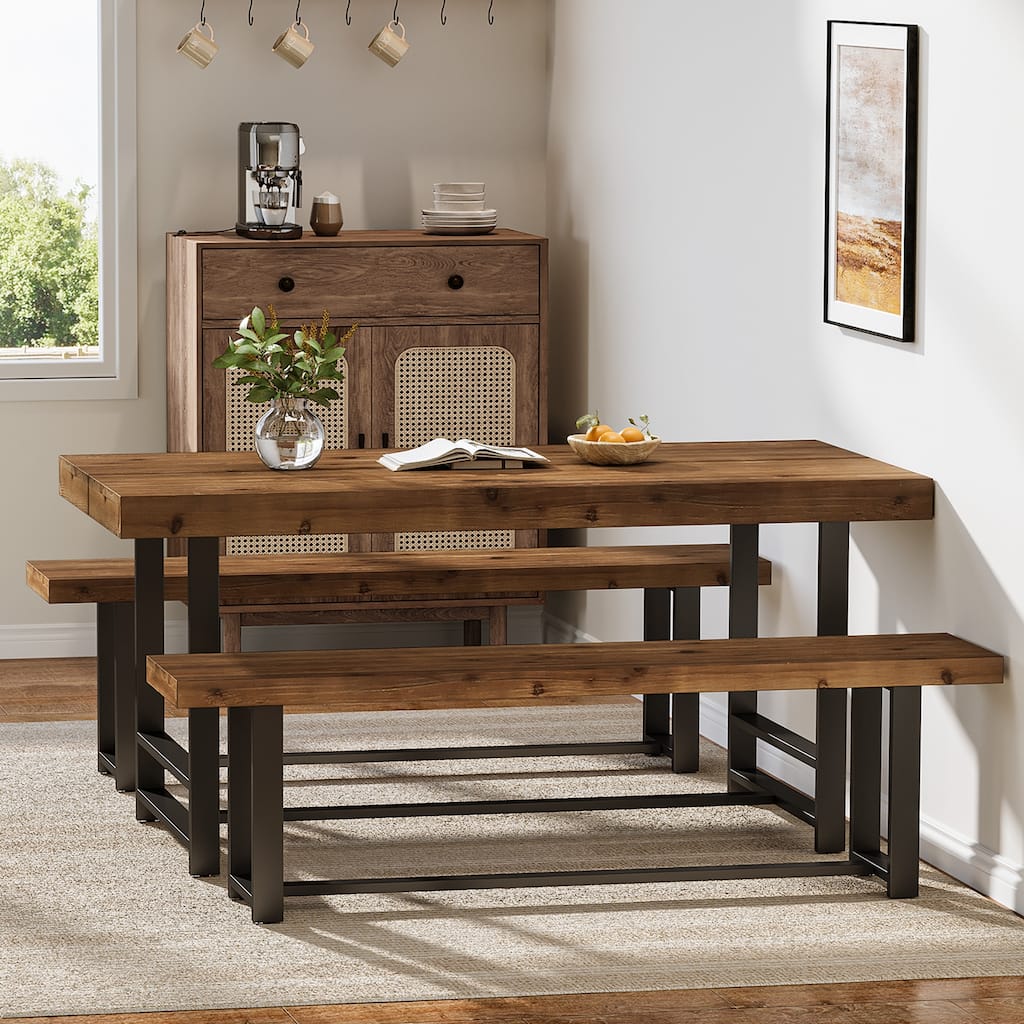 Rustic Rectangular Dining Table Set for 4 with 2 Chairs, Brown - N/A