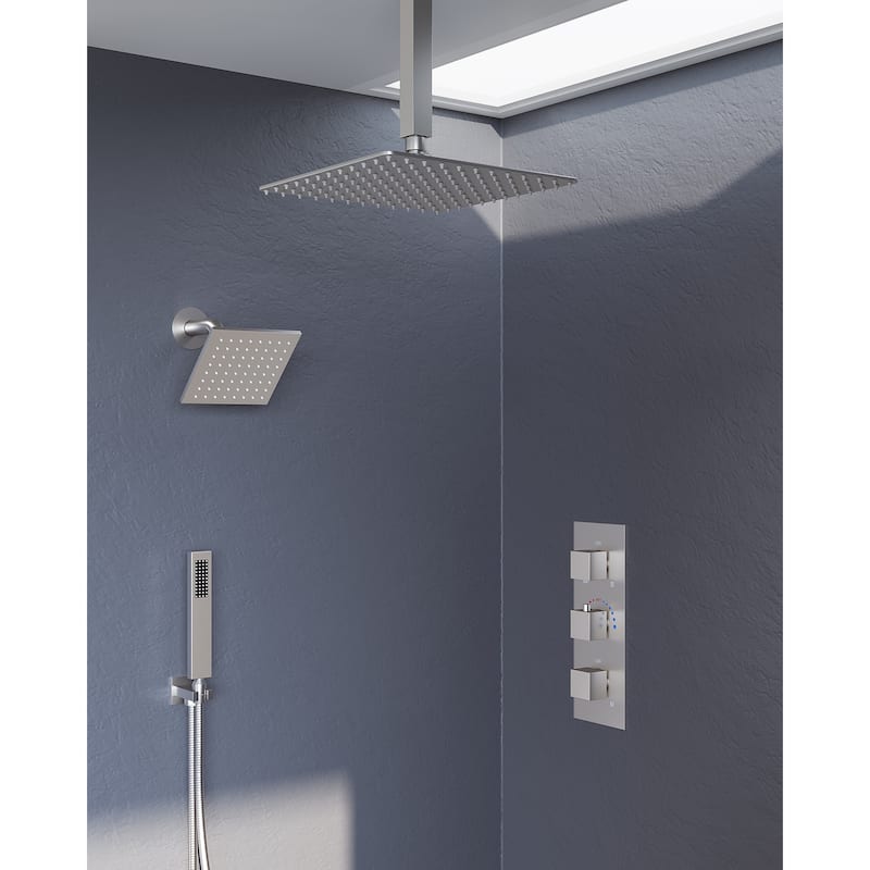 GRANDJOY 12" Dual‑Rain Shower System with Handheld, Ceiling and Wall‑Mount Heads, Thermostatic Valve and High‑Flow Design