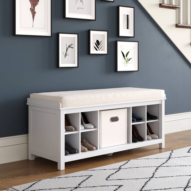 John Louis Home Solid Wood Entryway Bench with 2 Shoe Storage & 1 Bin White
