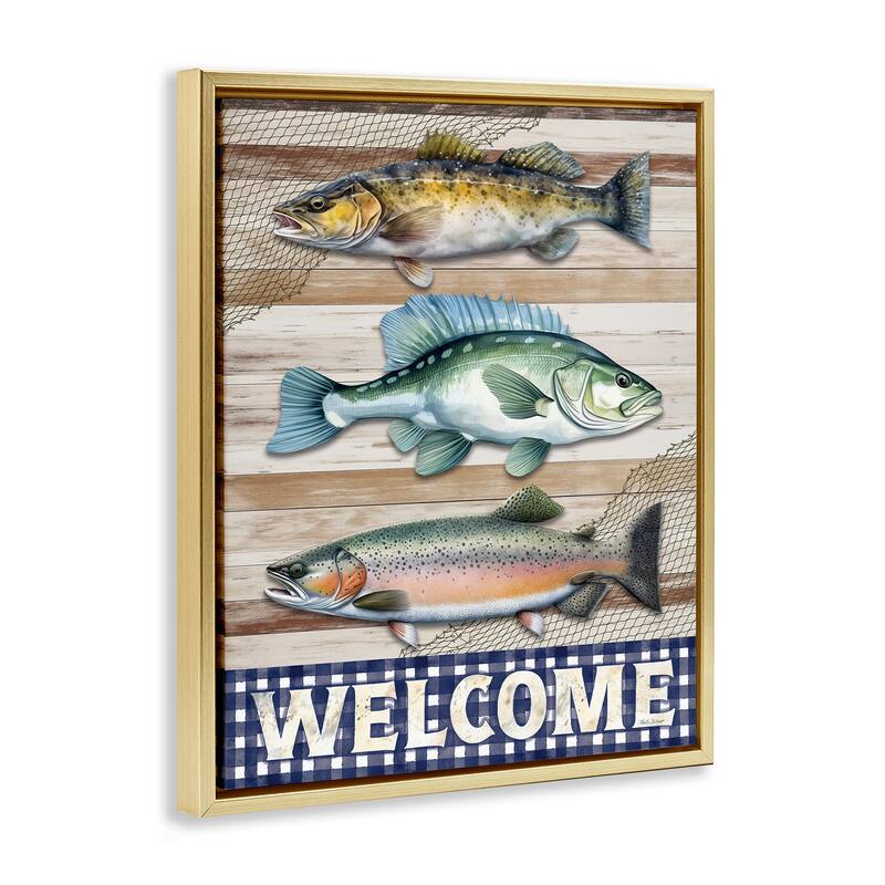 Stupell Welcome with Rustic Fish Framed Floater Canvas Wall Art Design By Nicole DeCamp
