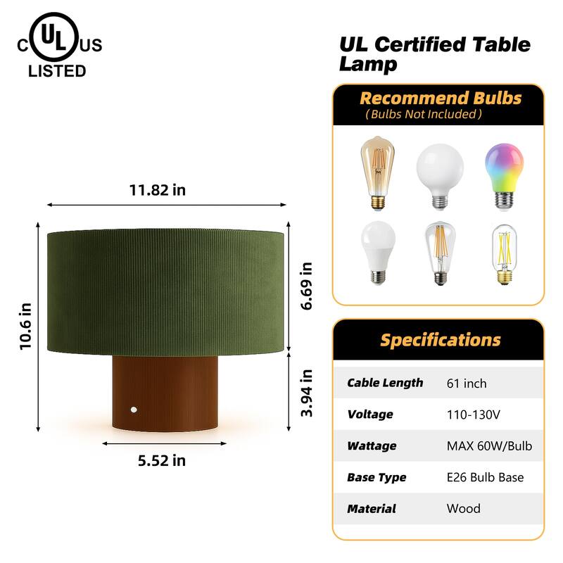 10 in. Modern Small Table Lamp with Corduroy Shade and Touch Switch for Kid Room, Living Room