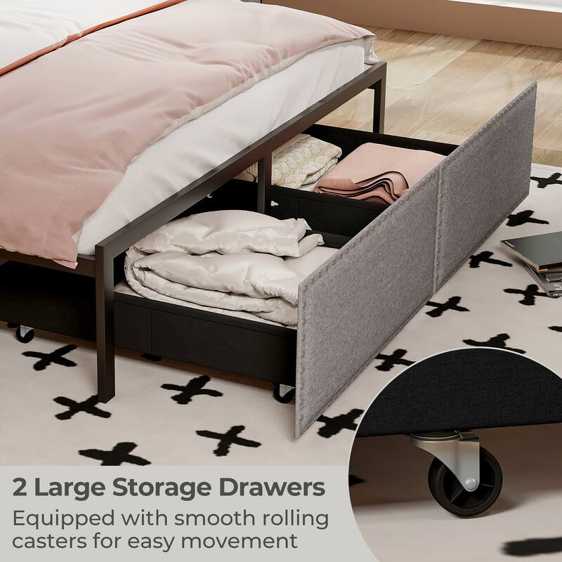 Gymax Queen Size Bed Frame w/ 2 Storage Drawers LED Lights Slats