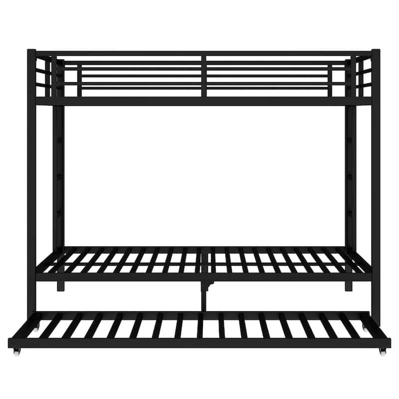 Queen over Queen Metal Bunk Bed with Twin Trundle, Black