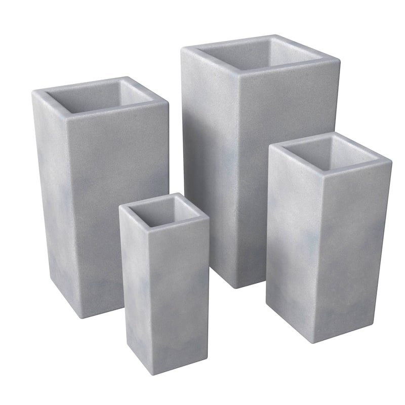 Terra 4-Piece Tall Square Fiberstone and MGO Clay Planter Set With Drainage Holes for Home Office Garden Patio Porch Yard