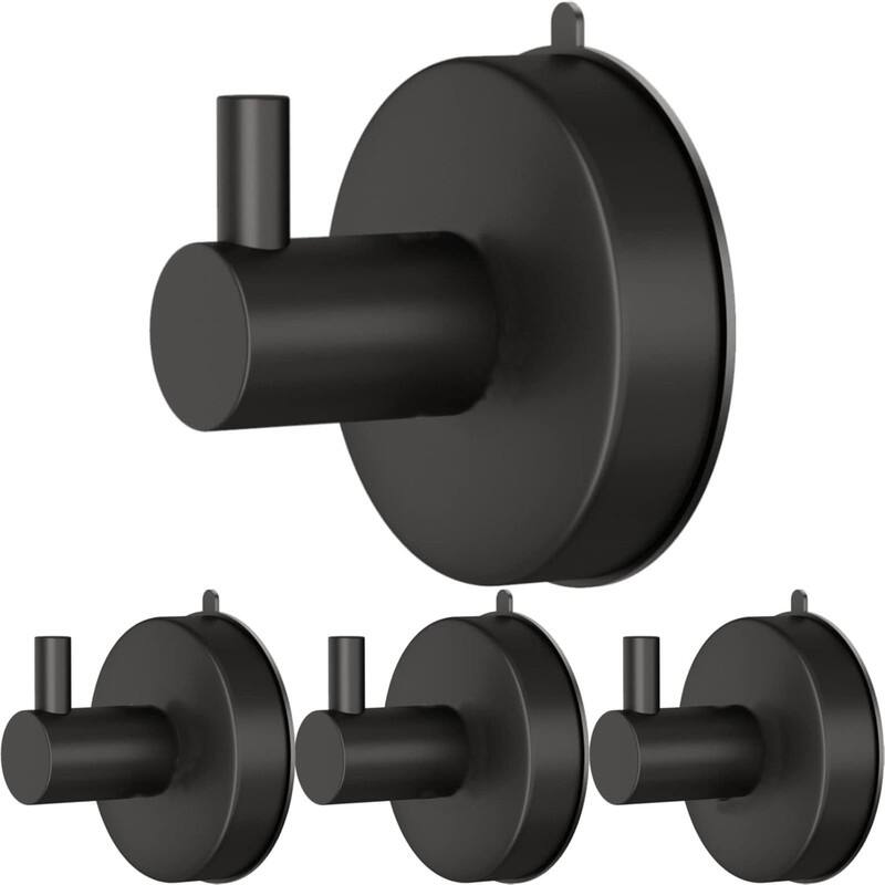 Bathroom Suction Cup Hooks 4 Piece Set 304 Stainless Steel 15lb Shower Hooks - Black