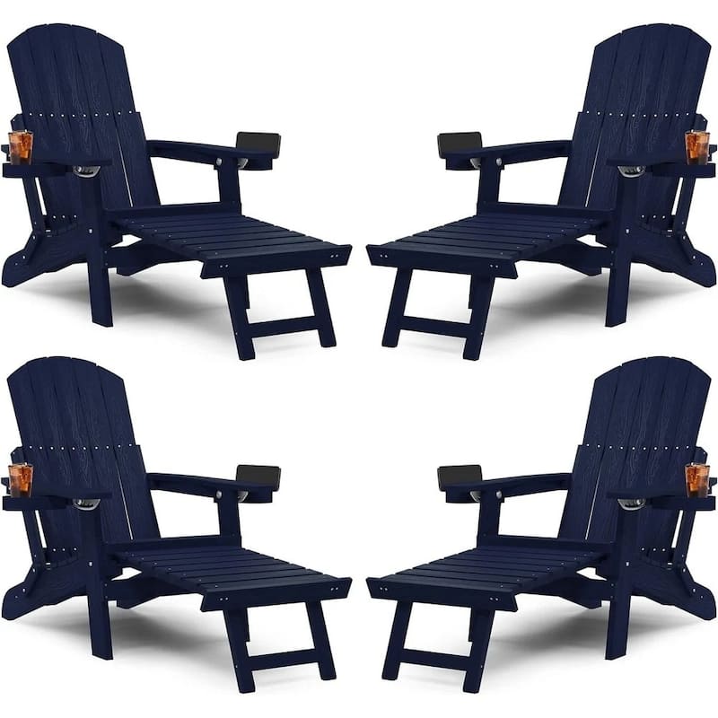 WINSOON All Weather HIPS Folding Adirondack Chair with Ottoman, 5-Gear Adjustable Backrest and Retractable Ottoman Set of 4