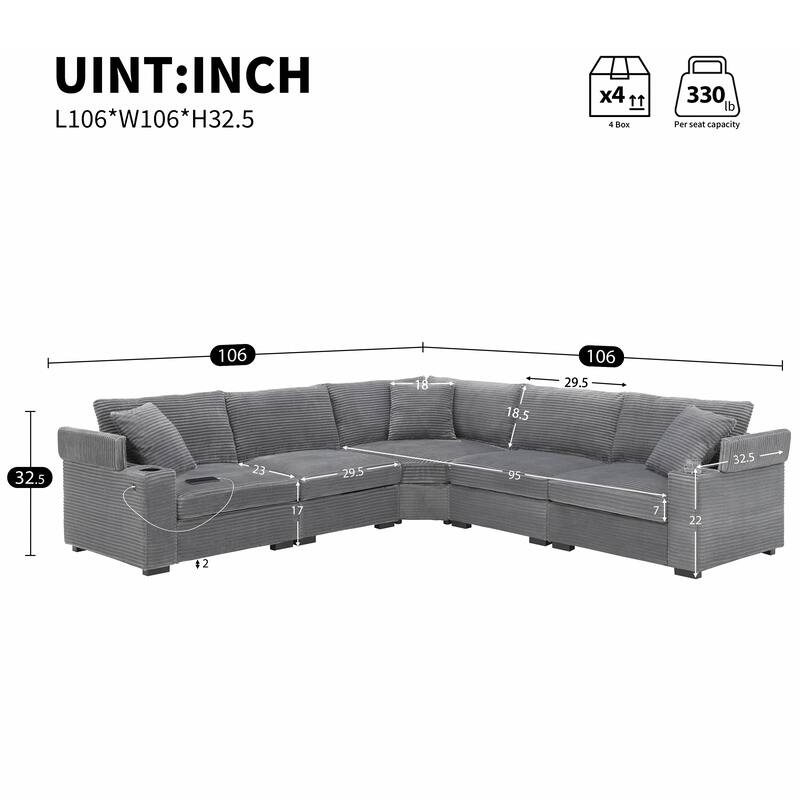 Roomfitters 106'' Convertible L-Shaped Sectional Sofa, Corduroy Corner Couch with Armrest Storage, Cup Holders, USB Charger