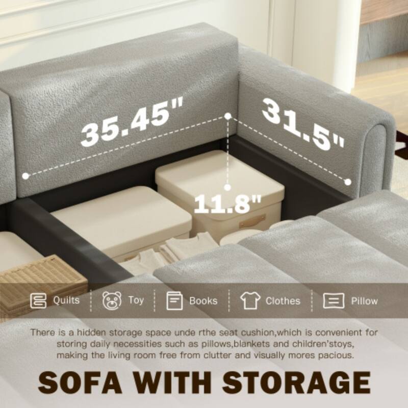 90.2 Inch King 3-in-1 Sleeper Sofa with Seat Storage, Modern 4-Seater Convertible Teddy Fabric Couch