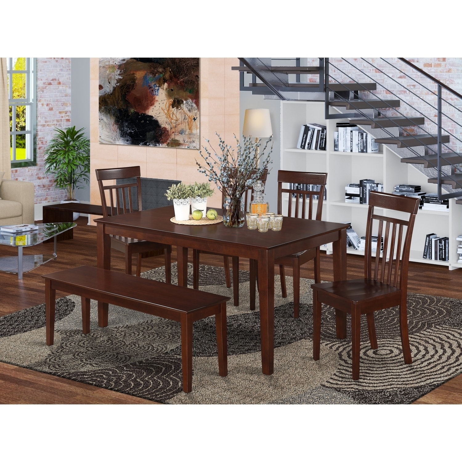 HomeStock 6-Piece Rectangle Cappuccino Finish Solid Wood Top Dining Table with 1 Bench, 4 Chairs